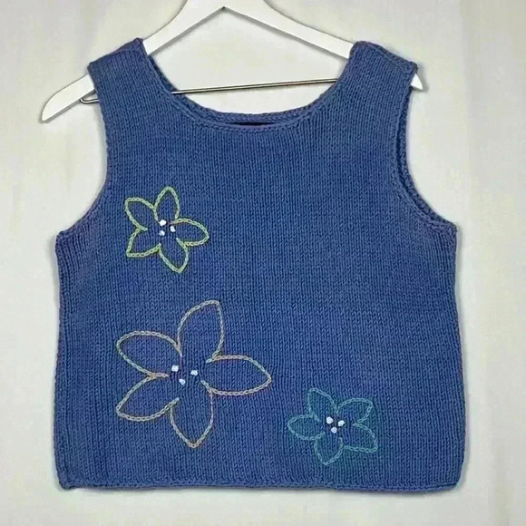 Pure Handknit Womens Vest Blue S/M Sleeveless Pullover Tight Knit 3D Flowers EUC - Picture 1 of 12